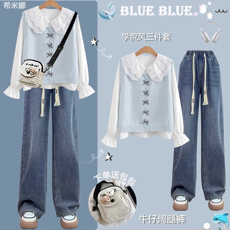 Girls Spring Clothing 2025 New Preppy Style Doll Collar Shirt Knitted Vest Junior High School Student Suit Youth Women's Clothing