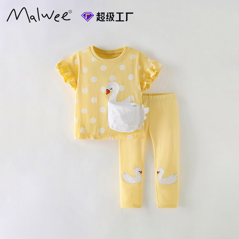 Traje de dos piezas para niñas malwee transfronterizas verano nuevo estilo europeo y americano camiseta de cuello redondo lindo cuello redondo para niños