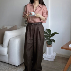 亚麻适度阔腿光泽可可棕色亚麻裤子阔腿裤女一件代发