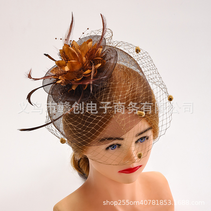 Amazon Cross-Border Mesh Hair Accessories, Feather Lace Retro Flower Hat, Linen Mesh Bridal Hat