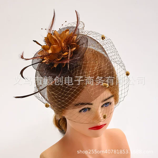 Amazon Cross-Border Mesh Hair Accessories, Feather Lace Retro Flower Hat, Linen Mesh Bridal Hat