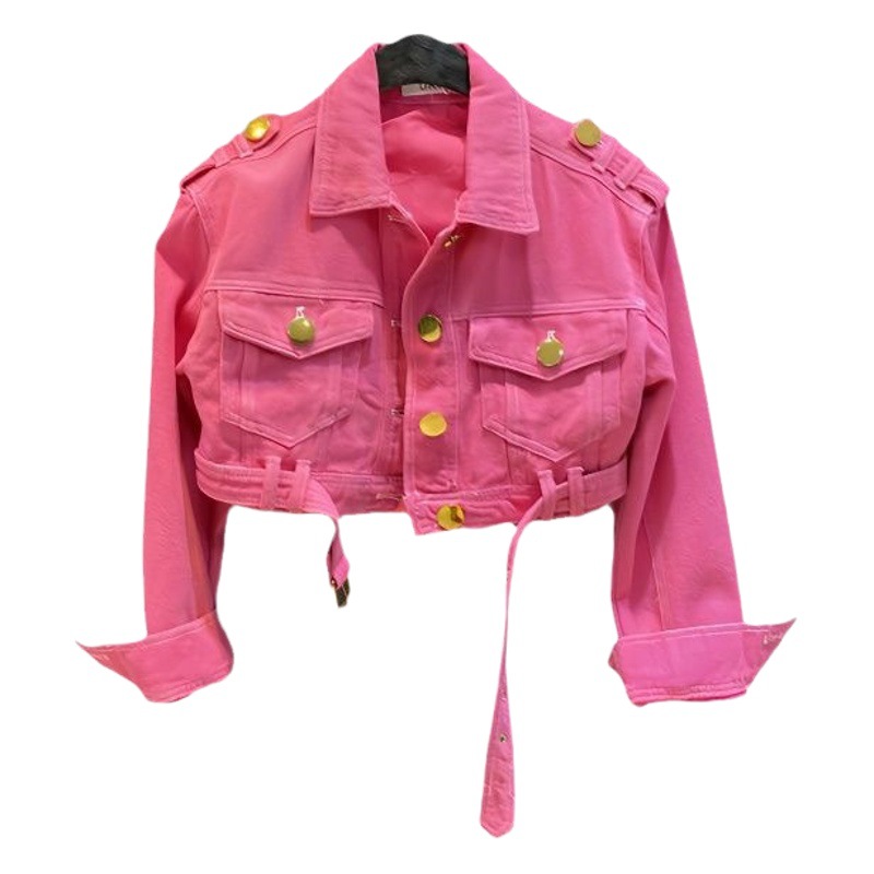 Girls' Rose Red Denim Jacket 2026 Spring and Autumn New Style Solid Color Lapel Metal Buckle Children's Fashion Short Jacket