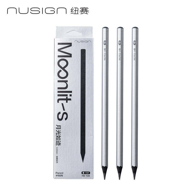 DeLineux NS753 bar de plata luz de luna madera negra HB / 2B dibujo de escritura de lápiz de grafito hexagonal