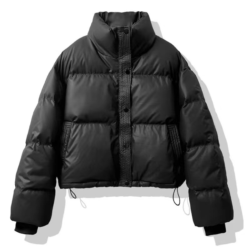 2024 일회용 PU 면 패딩 코트 여성용 짧은 겨울 두꺼운 칼라 빵 세트 작은 재킷 블랙 다크 브라운