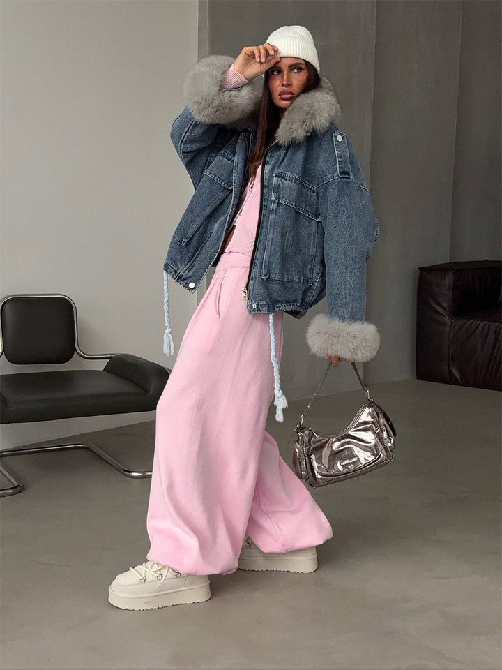 Set áo len cardigan dáng rộng phối quần ống lồng hai dây kéo — màu hồng, màu xám chi tiết 8