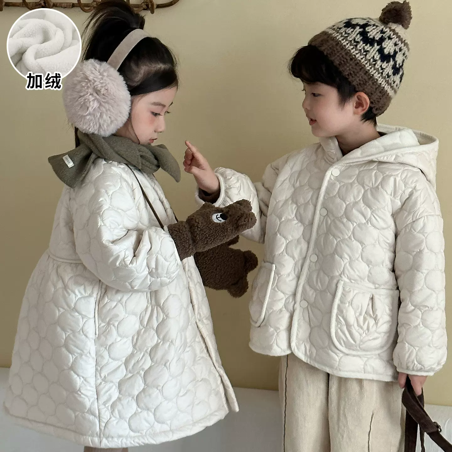 儿童棉衣加绒男童秋冬季女童夹棉连衣裙2025新款宝宝棉服兄妹冬装
