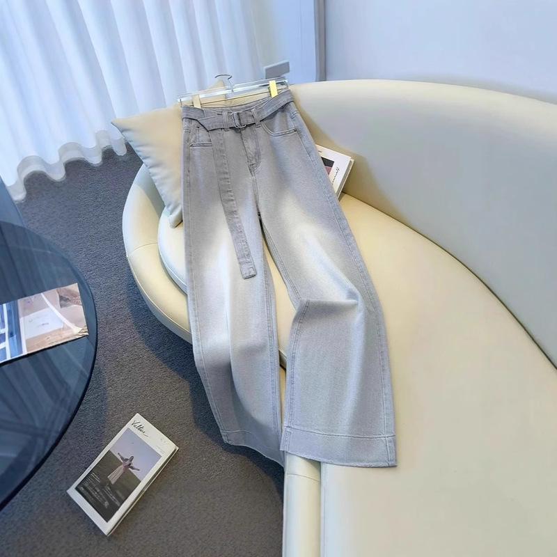 Early Spring and Autumn 2025 New High-grade light gray White High Waist Loose Dagging Straight Leg Jeans for Children
