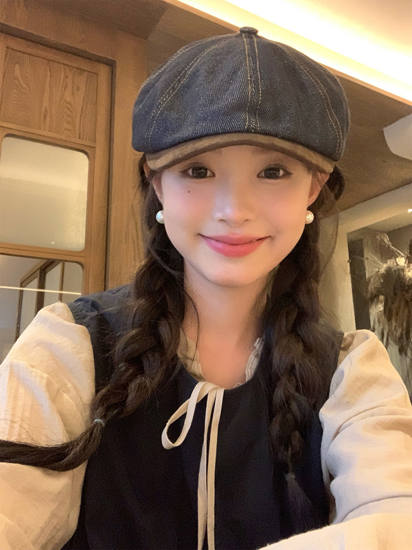 秋冬季新款牛仔短帽檐贝雷帽女日系文艺百搭前进帽显脸小休闲帽子|undefined