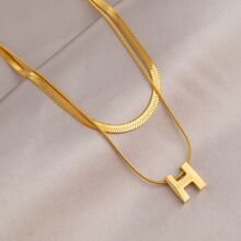 钛钢不掉色双层叠戴H字母吊坠项链女小众设计高级感轻奢锁骨链