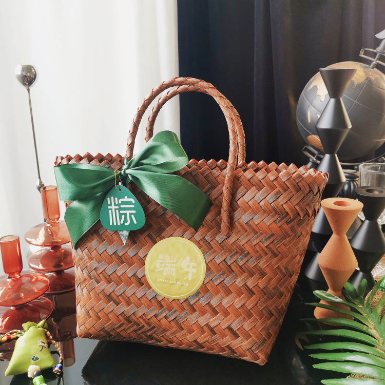 Wholesale Bamboo Joint Dragon Boat Festival Gift Box Zongzi Packaging Box Gift Box Dragon Boat Business Gift Empty Box Woven Handheld Basket