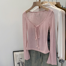 2025秋季韩系甜美纯欲辣妹微透薄款系带大领口长袖防晒罩衫T恤女