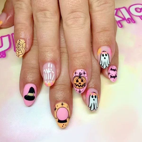 Almond-Shaped Frosted Halloween Wearable Spider Web Ghost Magic Ball Multi-Element Manicure Holiday Fake Nails