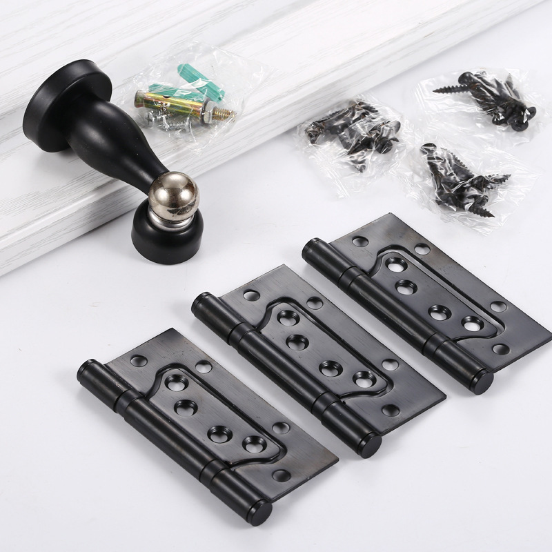 Bisagra de acero inoxidable y puerta de succión de tres piezas conjunto hogar negro 3 + 1 juego de accesorios de hardware de ingeniería de puertas de hojas sueltas