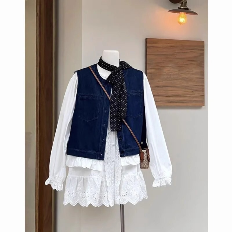 Spring 2025 New Korean Style Wear Women's Design Sense Ruffled Denim Vest Shirt dress Two-piece Suit Spring 2025 New Korean Style Wear Women's Design Sense Ruffled Denim Vest Shirt dress Two-piece Suit