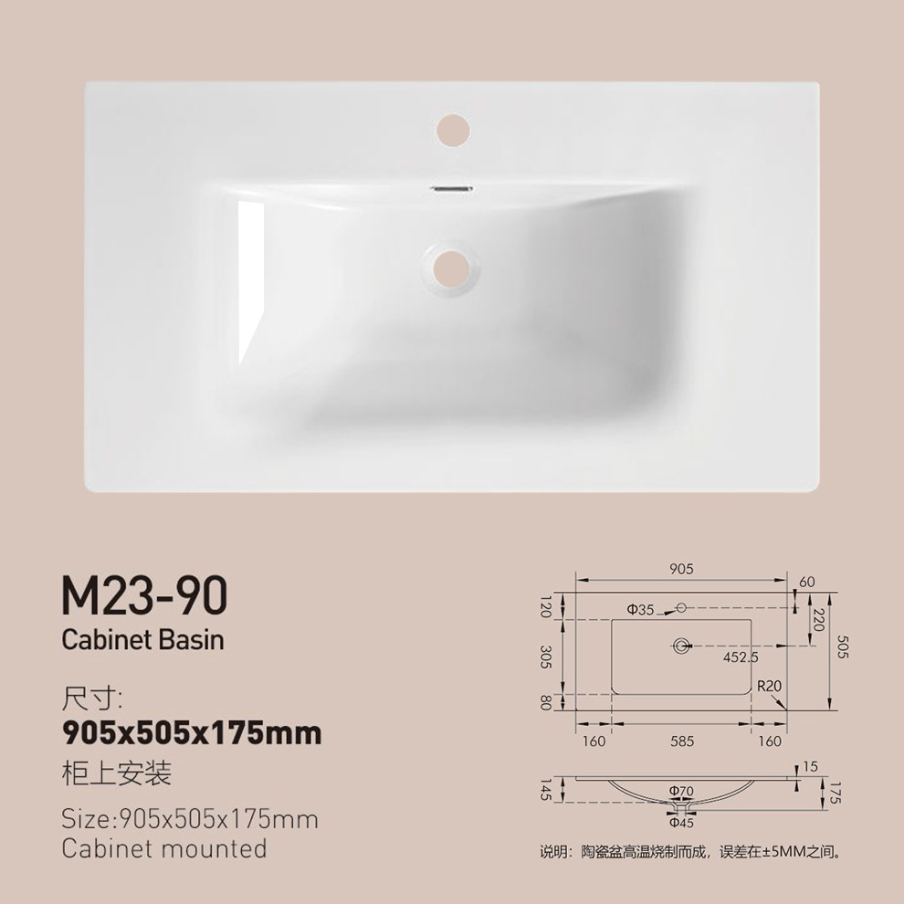 Lavabo de baño, lavabo individual, lavabo integrado de cerámica, lavabo de lado delgado, mesa simple, lavabo izquierdo y derecho, esquinas cortadas