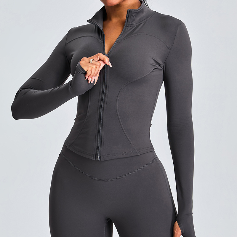 Otoño y invierno zip yoga chaqueta de manga larga mujer entrenamiento de carrera delgada abrigo deportivo de cuello vertical ropa de ejercicio al aire libre
