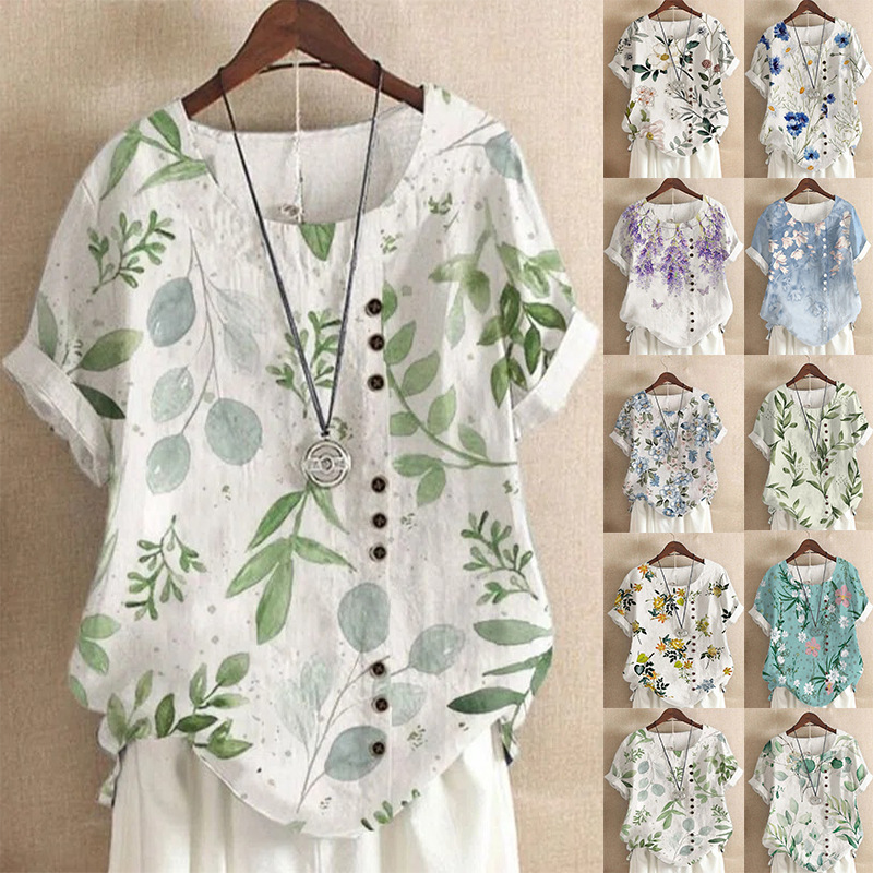 2022 Summer Amazon AliExpress Vintage Cotton and Linen Fashion Printed Loose Casual Shirt Short-sleeved T-shirt for Women