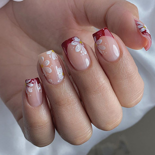 Spring Flower Wearable Nail Art Simple French Red Wearing Armor Short Square Fresh Flower False Nails Wholesale