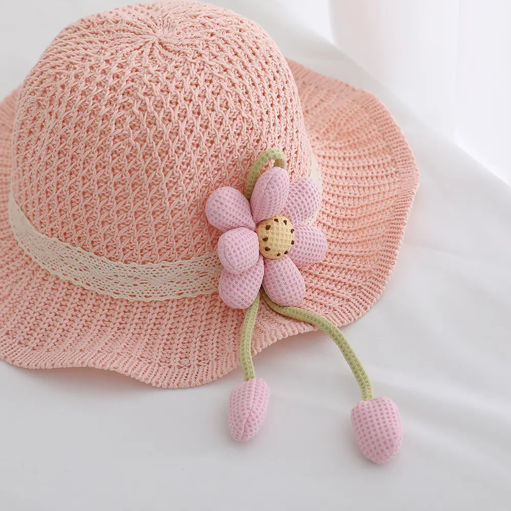 Sombrero de paja para niños, niños y niñas, sombrilla, sombrero de pescador, viento de princesa de verano, sombrero de sol, sombrero de paja de playa con lazo de flores