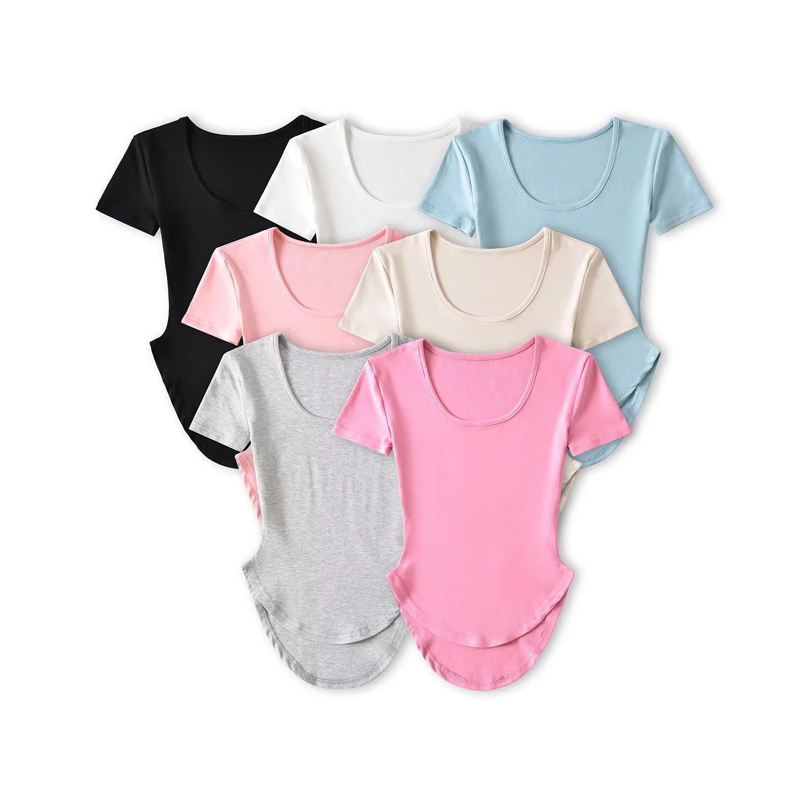 Summer New Style Pure Lust Sexy Bottoming Short-Sleeved T-Shirt American Curved Hem Tight Elastic Short Top for Women