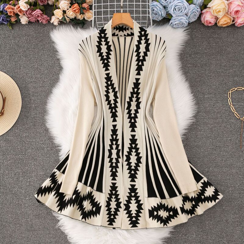 European and American Cross-Border Knitted Cardigan Dress Retro Jacquard Gradient Export Sweater Jacket Amazon Women's Autumn and Winter