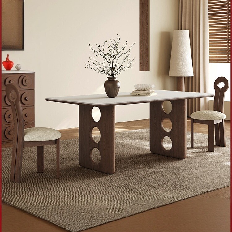 Medieval Style Pure White Slate Dining Table for Home Small Apartment 2025 New French Retro Rectangular Solid Wood Dining Table and Chairs