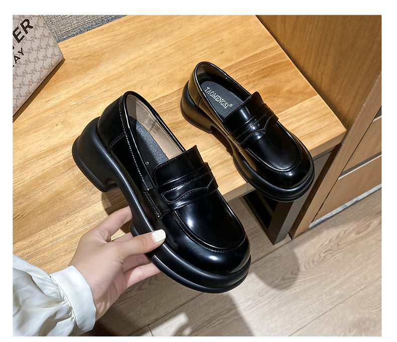 Giày lười nữ mũi tròn cổ điển đế dày tăng chiều cao, giày da nhỏ — Màu xanh lá, Màu đen chi tiết 5