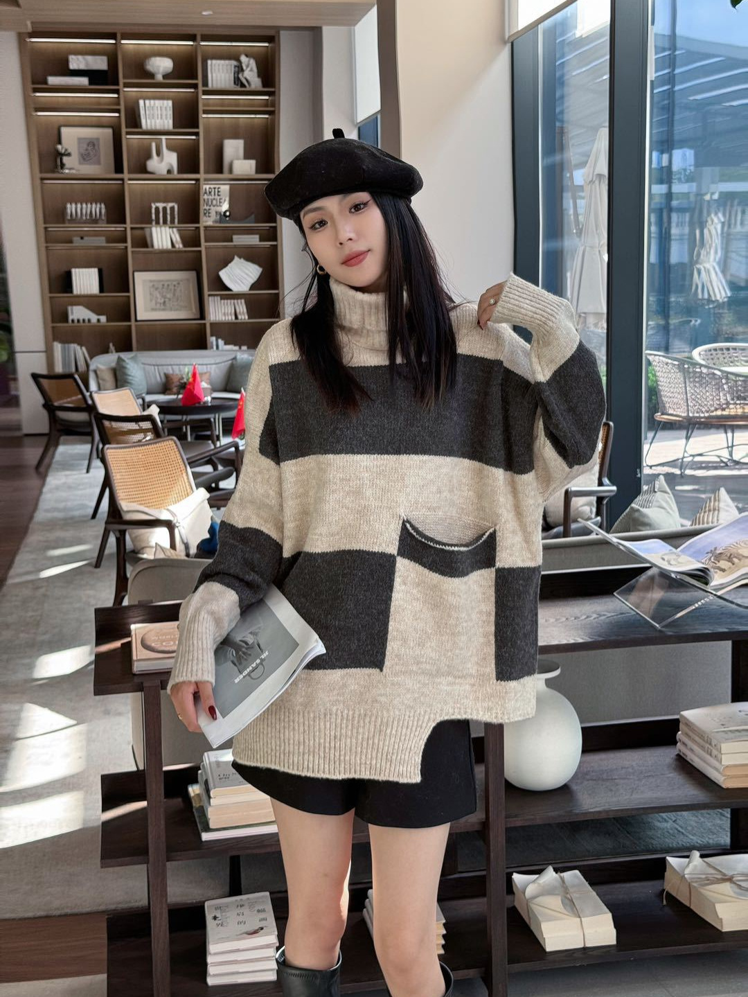 24 invierno Puyuan collar fz otoño invierno suéter de tamaño grande para mujeres 2024 nuevo estilo rayado