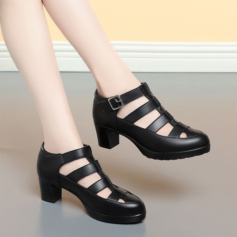 Baotou Sandals Women's Summer 2023 New Thick Heel Hollow Braided Women's Roman Shoes Middle-Aged and Elderly One-Line Buckle Women's Shoes