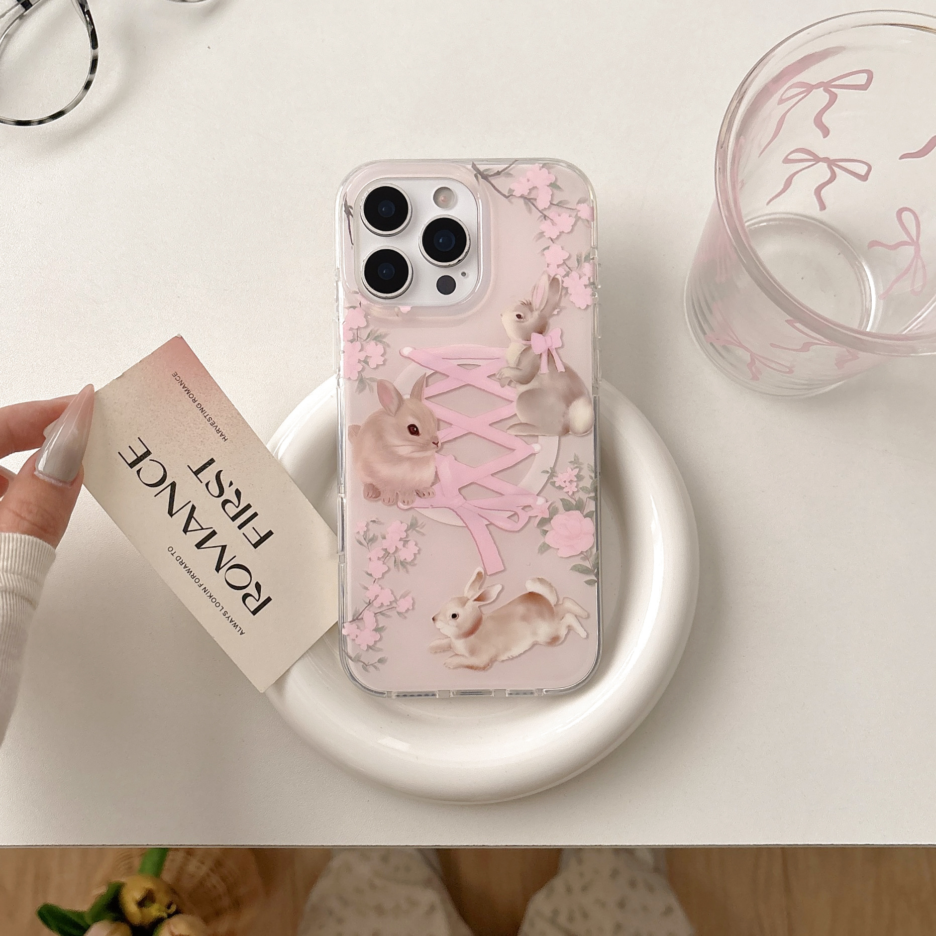 Conejo de lazo de encaje de dibujos animados para iPhone16Pro funda para teléfono móvil 15ProMax magnético 14Pro hembra 13