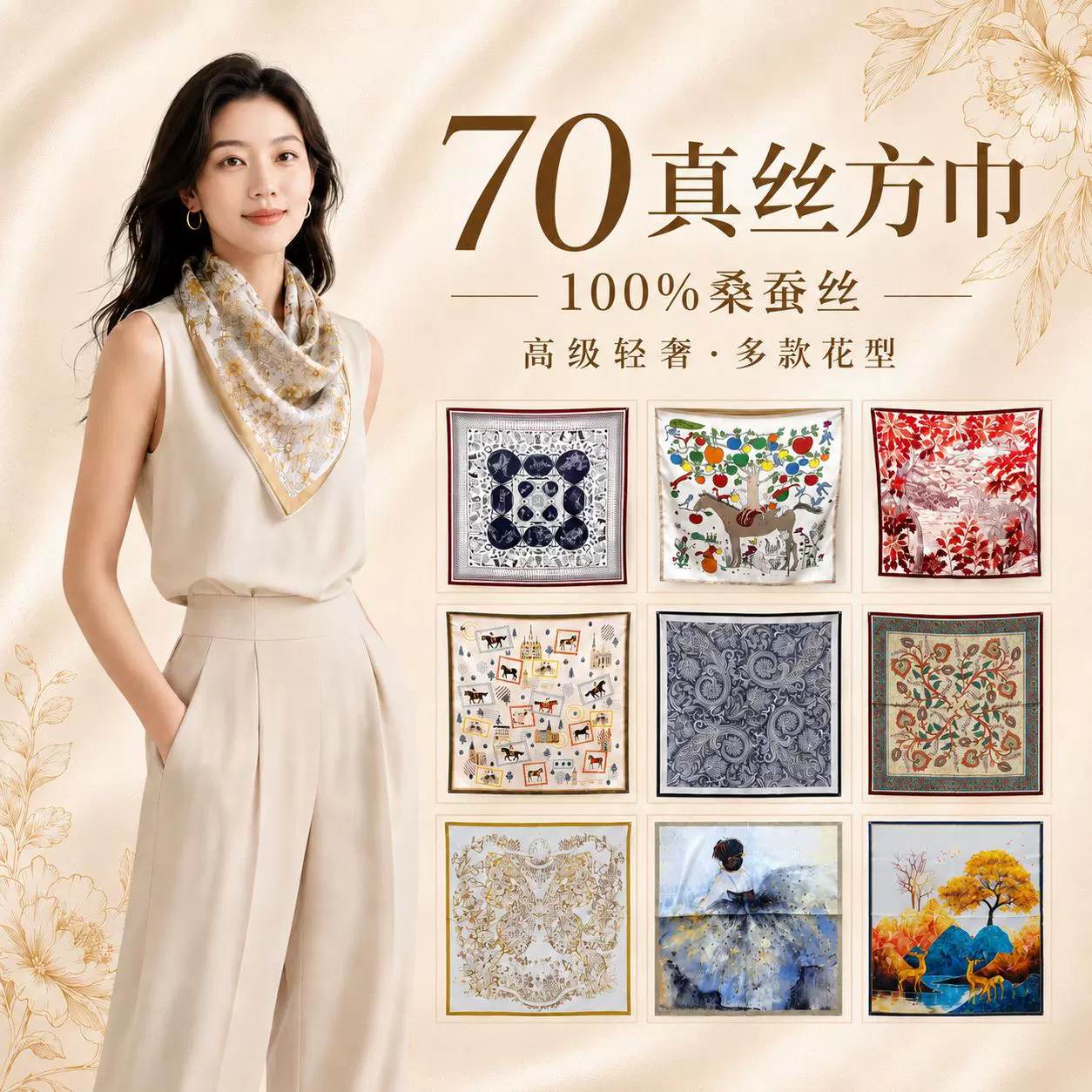热带雨林福70真丝方巾桑蚕丝丝巾印花手卷边围巾丝巾披肩花色合集