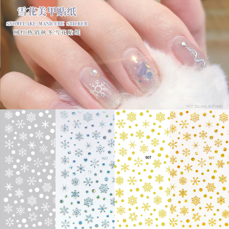Nail Art Snowflake Sticker White Gold Christmas Snow Nail Sticker New Internet Celebrity Laser Gold and Silver Jewelry 3D Decal