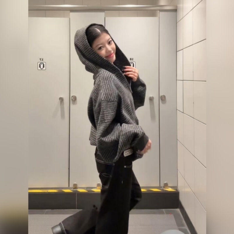 黑灰色条纹卫衣外套女款连帽开衫秋季2025新款韩系上衣小众慵懒感|undefined