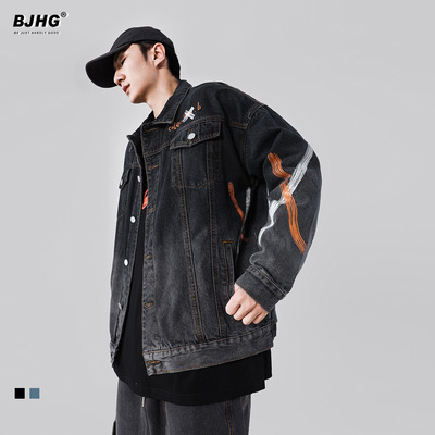 BJHG Graffiti letter printing Jacket Trend Korean Edition washing street Hip hop Easy lovers cowboy coat