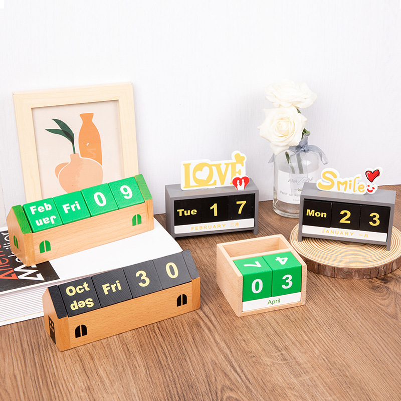 Fábrica de origen adornos de escritorio calendario de madera acompañante regalos de mesa fecha tarjetas de fotos accesorios calendario de mesa de madera