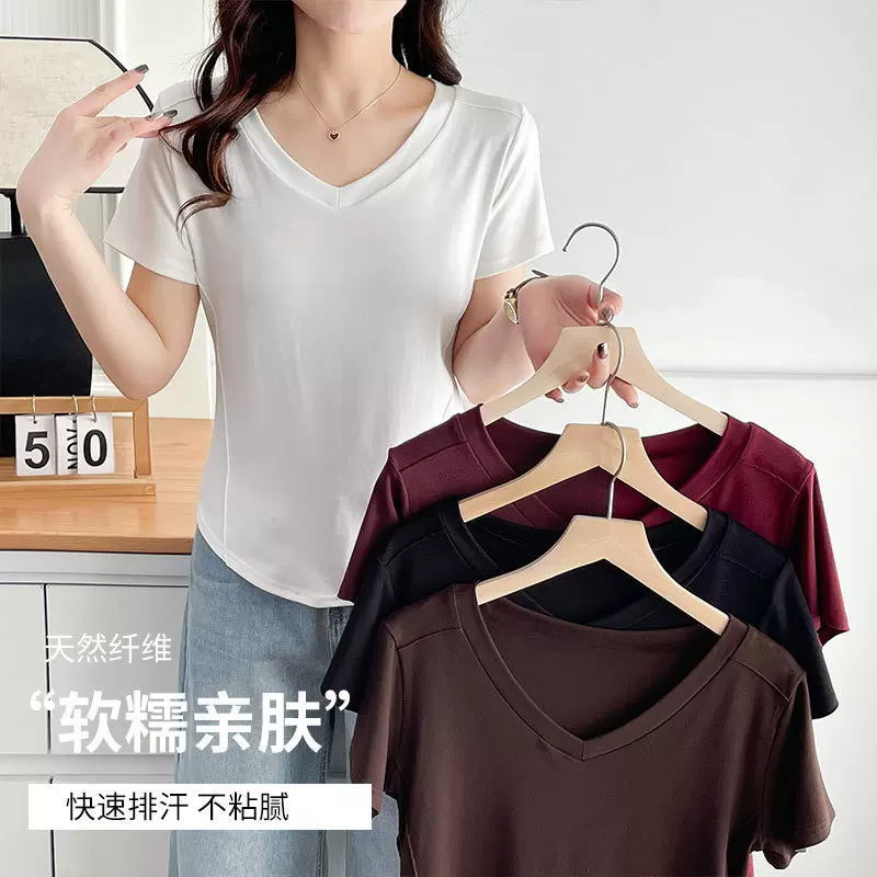 鱼骨线夏季正肩V领短袖t恤女打底衫大码修身显瘦上衣2025新款套头