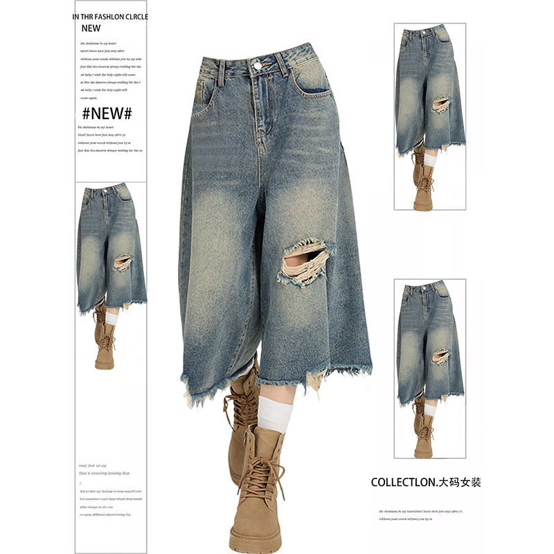 Hot Girl Style American-Style Wide-Leg Denim Shorts for Women, Summer Thin Plus-Size, Slimming, Frayed, Ripped, Cropped Pants
