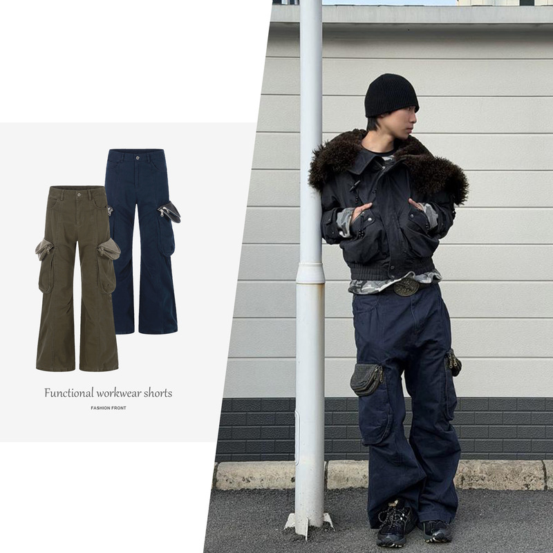 【Csmy】【Cpe】Double-Pocket Pig Cage Plant Print Multi-Pocket Enzyme-Washed Vintage Work Pants for Men Cargo