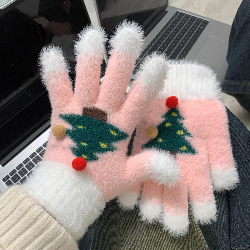 雪のクリスマスツリーの手袋の女性の冬の指はタッチパネルとベルベットを厚くすることができます。|undefined