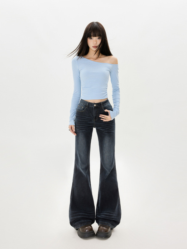 美式深蓝怀旧微喇牛仔裤女2025年秋季新款辣妹高腰显瘦弹力喇叭裤|undefined
