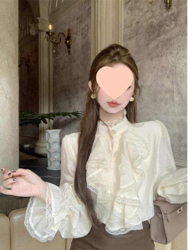 小香风荷叶边蕾丝衬衫女秋冬半高领打底衫内搭宫廷泡泡喇叭袖上衣|undefined
