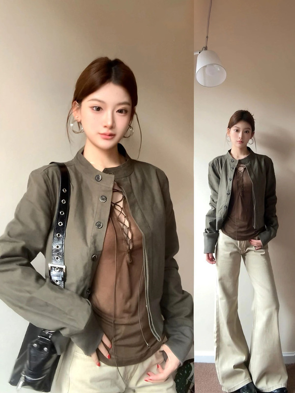 工装风复古绿色磨毛立领短款夹克外套女秋季修身通勤休闲收腰开衫|undefined