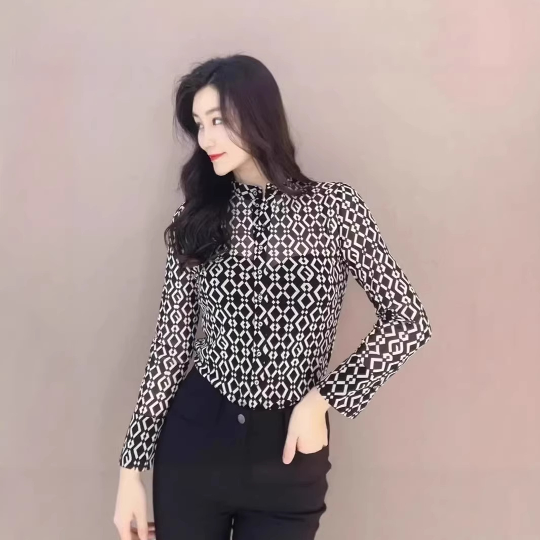 Áo thun nữ dài tay cổ cao họa tiết kim cương co giãn — đen chi tiết 2