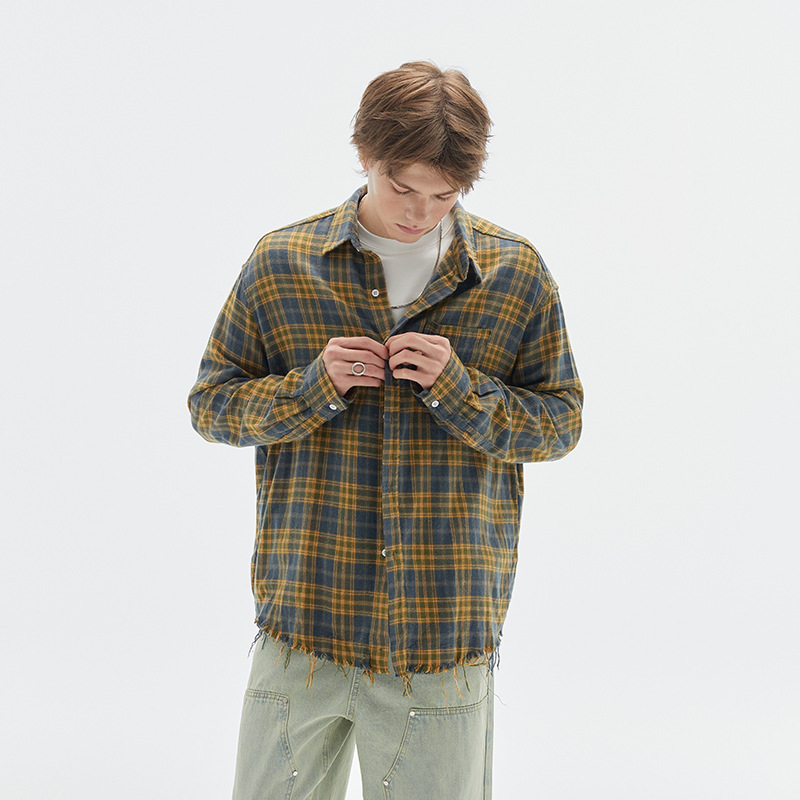 City Fanpin 2024 Autumn New Retro Rough Edge brushed check long sleeve shirt for men and women Cleanfit