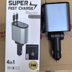 工場出荷時の新しいワイヤー付き多機能車の充電器 120W 超高速充電ツーインワン車の充電器、伸縮式ワイヤー付き