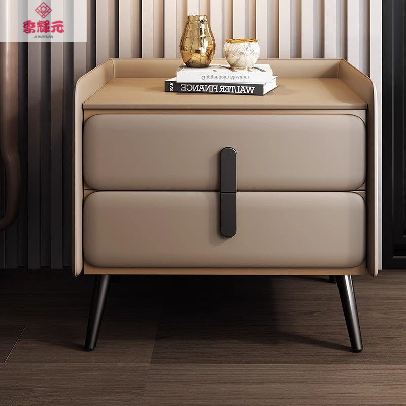Italian Bedside Table High-End Light Luxury Simple Style Solid Wood Home Leather Modern Bedroom Storage Cabinet Storage Bedside Cabinet