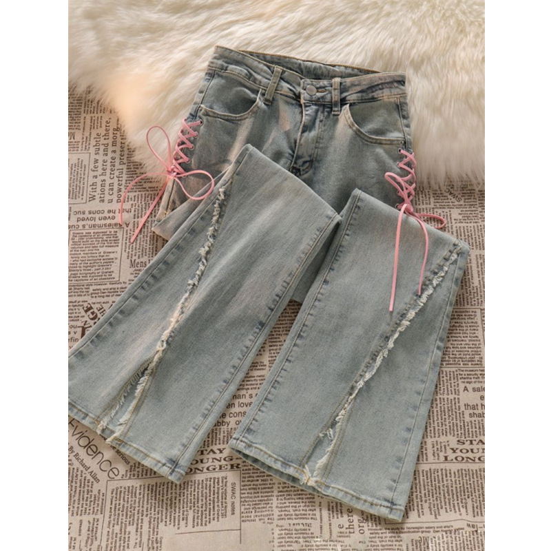 Small lace-up skinny jeans women's summer 150cm High split slimming trousers frayed design pants