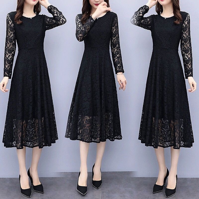 Spring and summer black lace dress for women, 2026 new style, long-sleeved, elegant, plus-size, long, fleece-lined, and with a long skirt design Spring and summer black lace dress for women, 2026 new style, long-sleeved, elegant, plus-size, long, fleece-lined, and with a long skirt design