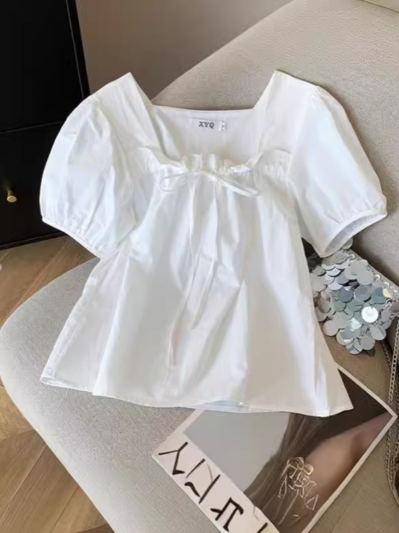 2024 Amazon Independent Station Cross-border Foreign Trade Summer New Square Collar Lace Solid Color Bubble Sleeve Shirt Top