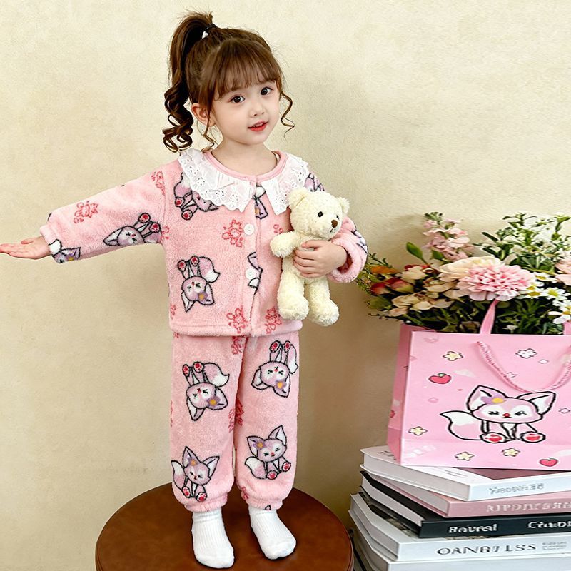 Niñas pijamas de invierno nuevos niños coral y camiseta de camiseta de franela para bebés con ropa cálida para el hogar engrosada